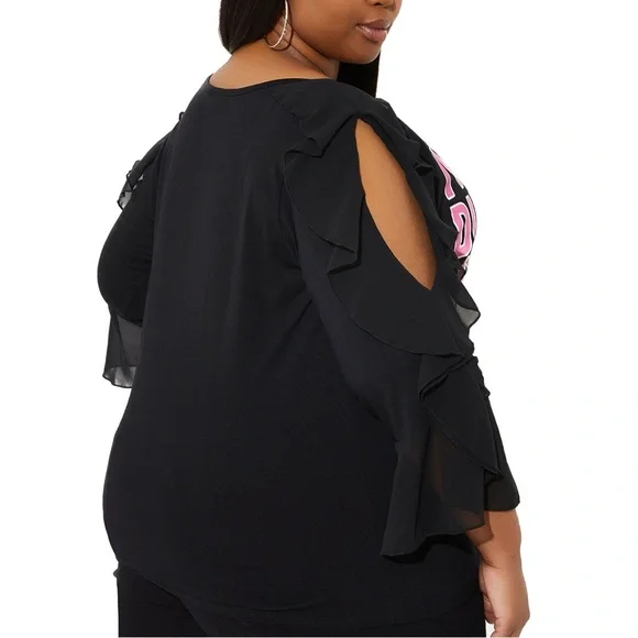 Eye Roll Graphic Tee 3X-5X with Ruffled Cutout Chiffon Sleeves (5A07.13) - Picture 2 of 6